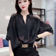 雪纺衬衫女2022夏季韩版蝙蝠，袖v领设计感小众上衣宽松短袖t恤