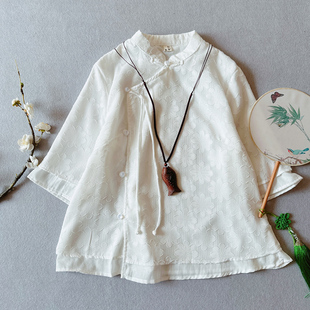 斜襟立领雪纺贴花衬衫，女夏装中国风，复古文艺盘扣中袖禅意茶服上衣