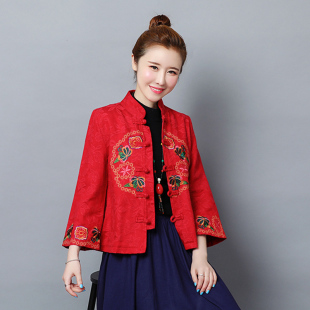 原创中国风女装复古刺绣提花亚麻开衫小外披民族风中式唐装短外套