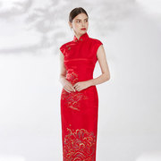 品尚华服红色2022年时尚，款定制婚礼刺绣修身桑，蚕丝长旗袍复古