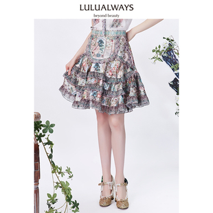 LULUALWAYS商场同款时尚法式高腰雪纺蓬蓬裙A字半身裙收腰短裙