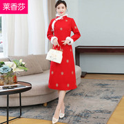 汉服冬装中国风红色唐装改良旗袍裙女加棉加厚中式茶服毛呢连衣裙