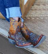 墨西哥手工old gringo牛皮尖头骷髅刺绣复古西部牛仔靴真皮短靴女