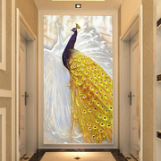 欧式3d玄关过道走廊背景墙壁纸，简约5d立体孔雀装饰壁画影视墙布