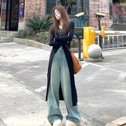 高个子(高个子)韩系早春穿搭设计感开叉，过膝长款显瘦外搭黑色针织开衫外套