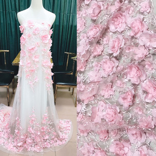 大红粉白色立体花朵婚纱布料面料婚纱礼服蕾丝布料面料刺绣布料