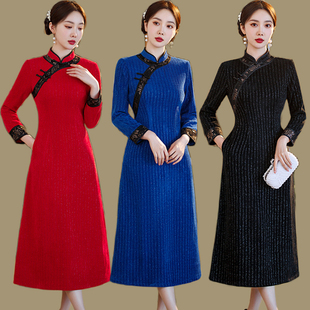 新式中国风雪尼尔加绒，加厚改良旗袍连衣裙，秋冬季复古拼接优雅裙子