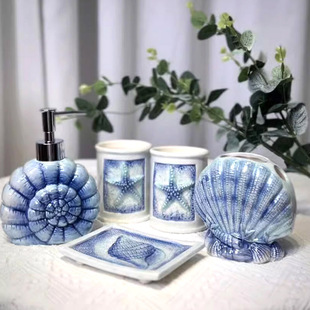 陶瓷蓝色海螺卫浴5件套贝壳浴室洗漱套装洗手液瓶口杯牙刷架皂碟