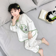 女童睡衣套装2024春秋熊猫冰丝中小童女宝宝休闲百搭款两件套