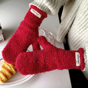 大红色针织毛线手套女学生，少女秋冬季纯色，加厚包指不分指并指连指
