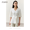 Amii2023夏V领中袖配腰带雪纺衫女修身显瘦设计感法式上衣