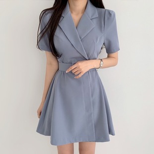 韩国chic夏季气质优雅翻领小个子腰带收腰显瘦纯色短袖西装连衣裙