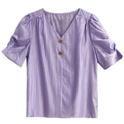 法式雪纺衫女短袖衬衫2024宽松v领紫色，洋气小衫泡泡袖上衣夏