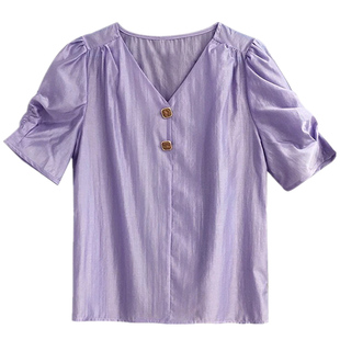 法式雪纺衫女短袖衬衫2024宽松v领紫色洋气，小衫泡泡袖上衣夏