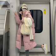 粉色连帽羽绒棉服女冬季设计感韩系流行棉袄，中长款外套棉衣厚
