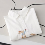 哇好可爱的兔兔~秋季日系童趣卡通刺绣翻领长袖白衬衫女衬衣