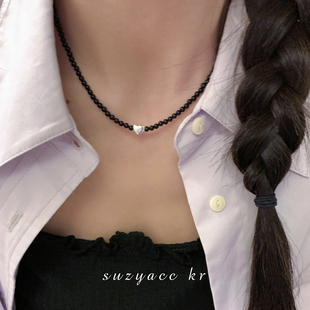 suzyacckr简约纯银爱心，黑玛瑙项链，女2024轻奢小众锁骨链