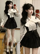 春季茶系穿搭一整套韩式千金，高级感韩剧，小香风衬衫裙子两件套装女