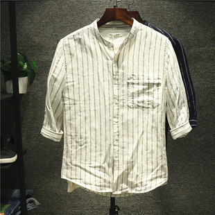 犀铁潮男 原创免烫亚麻衬衫7七分袖夏季休闲宽松立领白衬衣短袖