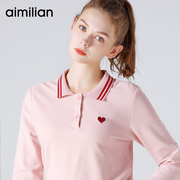 艾米恋polo衫女长袖秋季翻领粉色上衣学生运动带领打底衫白色t恤