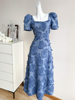 蓝色复古短袖连衣裙女夏季长裙法式高级感时尚气质赫本风礼服裙子