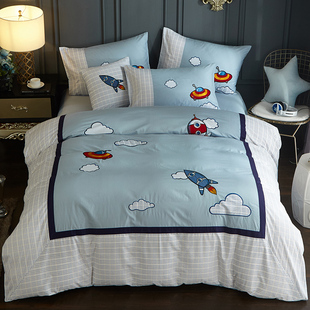 儿童床单四件套男孩纯棉卡通被套1.2米1.5床笠式全棉三件套蓝60支