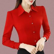 黑色红色衬衫女长袖，纯色韩版职业装正装修身显瘦工作服，上衣打底衫