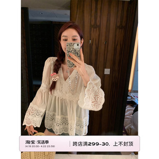 (吴大笑(吴大笑))夏日松岛法式气质上衣，蕾丝防晒仙女度假风白色长袖衬衫