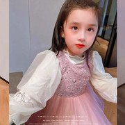 韩国女童白色打底衫秋冬洋气公主，网纱水钻泡泡袖上衣儿童长袖t恤