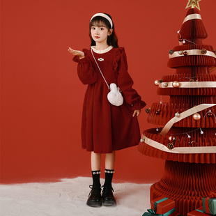 女童连衣裙冬装红色韩版儿童洋气，加绒新年裙子女大童公主裙拜年服