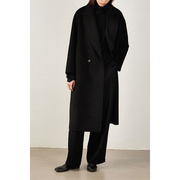 黑色纯山羊绒戗驳西装领双排扣手工双面呢中长款大衣外套