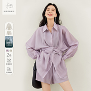 杜鹃同款对白紫色法式衬衫短裤套装女夏季职业套装两件套