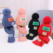 秋冬季保暖儿童帽围巾毛线帽可爱字母针织帽加衬布儿童两件组合套