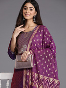 紫色刺绣圆领七分袖女装三件套印度高级丝混纺，连衣裙套装2023秋