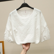 白色蕾丝衫女中袖2023夏季镂空刺绣花衬衫纯棉，衬衣短款上衣仙