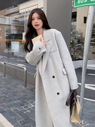 韩系灰色双面羊绒大衣女2023秋冬高级感毛呢，羊毛呢子冬季外套