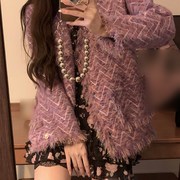 大码法式紫色小香风毛衣外套女2024针织开衫显瘦上衣洋气遮肉