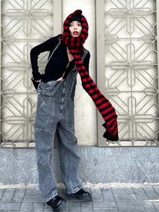 秋冬亚文化朋克黑红条纹围巾，超长保暖针织毛线，男女同款凹造型神器