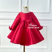 定制小众大红色女宝儿童礼服气质简约长袖公主裙钢琴生日演出服装