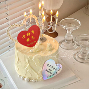 情人节爱心珍珠蛋糕装饰红色玫瑰花卡片复古烛台摆件女神烘焙插件