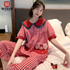 睡衣女夏季纯棉梭织格子新年短袖韩版可爱红色，本命年家居服女套装