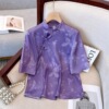 紫色盘扣上衣女2024夏季国风复古仿真丝衬衫女短袖五分袖衬衣