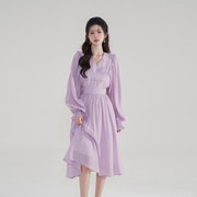 夏季紫色雪纺套装女V领长袖灯笼袖绑带上衣收腰半身裙长裙两件套