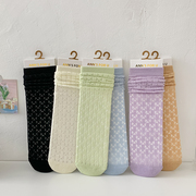 糖果色透气透明水晶袜子女夏季薄款卡丝堆堆袜日系菱格中筒袜纯色