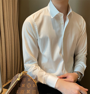 韩版扣式青年免烫方领白衬衣时尚，学院风男士商务，休闲纯色打底衬衫