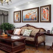 柿柿如意客厅装饰画美式沙发背景墙三联画新中式手绘油画柿子壁画