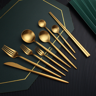 高档304不锈钢叉筷套装，欧式西餐餐具，家用牛排叉勺金色咖啡勺
