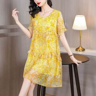 夏季新时尚大码女装宽松黄色印真丝雪纺款短袖小个子花连衣裙