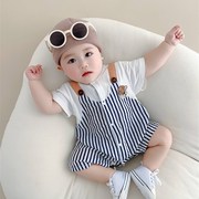 韩国婴儿竖条纹哈衣连身衣服夏季天装L网K红百天宝宝超萌洋派