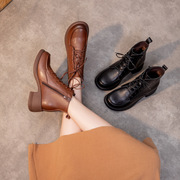 高端女式牛皮靴子2023秋冬系带马丁靴女靴粗跟真皮短靴女